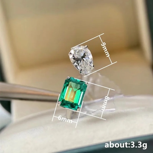 New Women’s 925 Silver Beautiful Emerald Diamond Adjustable Ring - Picture 5 of 5